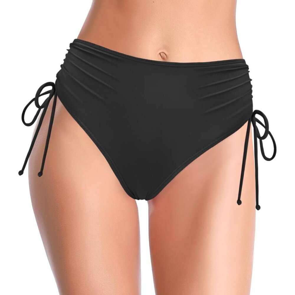 🆕Women’s Black Nylon High Waisted Bikini Bottoms Ruched Tummy